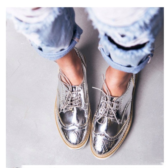 Wanted Shoes - Oxford Flats in Metallic Trio Silver Color